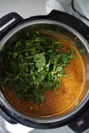 Chopped spinach in cooked dal