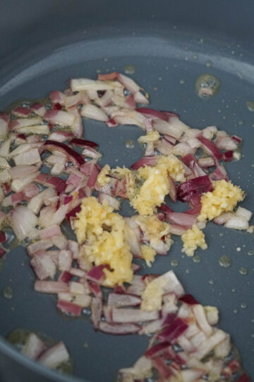 Minced onion and garlic in a pan with oil