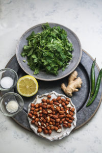 Ingredients of coriander chutney arranged on a steel gray plate
