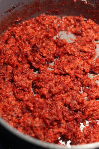 Beetroot halwa in a silver pan