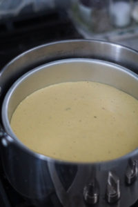 Khaman batter poured into a pan.