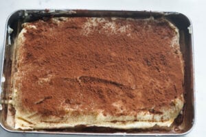 Tiramisu barfi in a pan with cocoa powder dusted on top.