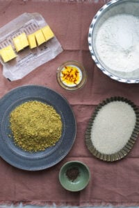 Ingredients for saffron pistaschio shortbread prepared