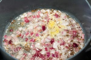 Onions and garlic added to tadka.
