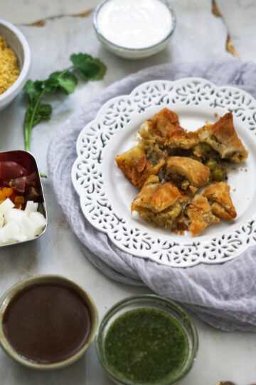 Samosa cut into small pieces for chaat.