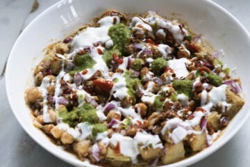 Chutneys and a yogurt drizzled on the chaat.