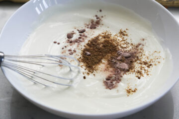 Yogurt and spices in a bowl with a whisk.