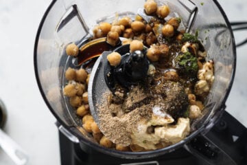 Chaat hummus ingredients in a food processor.