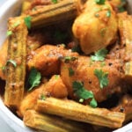 Saragva nu shaak in a white bowl.