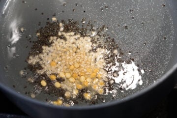 Heated oil with mustard seeds, asafetida, urad dal, and chana dal in a pot.