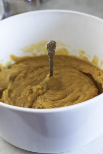 Spoon standing up in puran mixture.