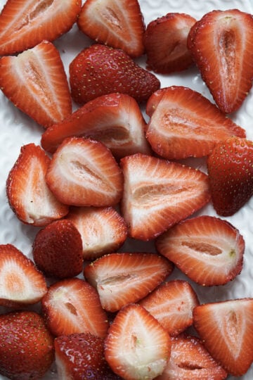 Halved strawberry pieces.