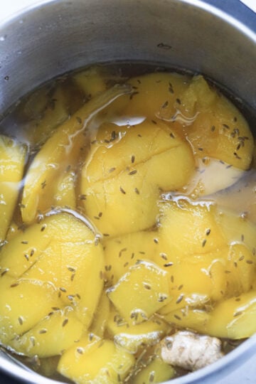 Mango pieces and spices in a pot.