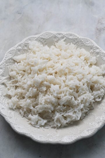 Plate of white basmati rice.