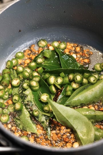 Red chili, curry leaves, and green chilies added to hot oil.