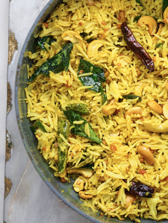 Indian lemon rice in a pot.