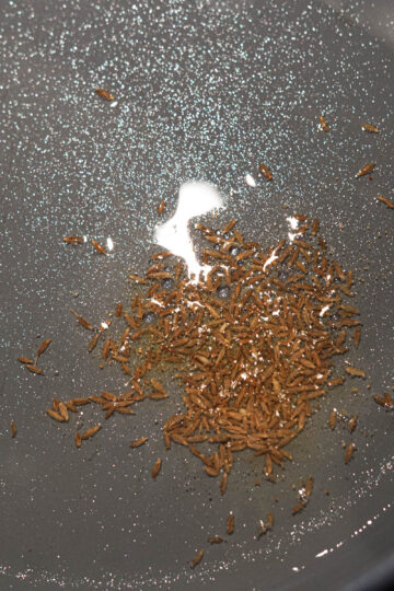 Cumin seeds cooking in oil for tadka.