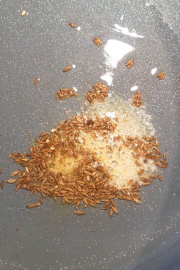 Cumin seeds and hing in oil in a pan.