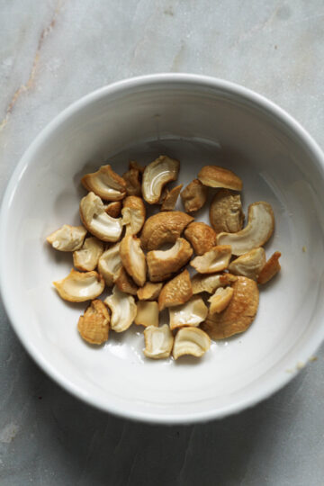 Fried cashews in a bowl.