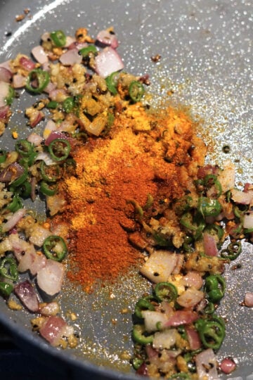 Green chilies and spices added to pan.