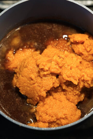 Pumpkin puree added to pumpkin spice sugar syrup.