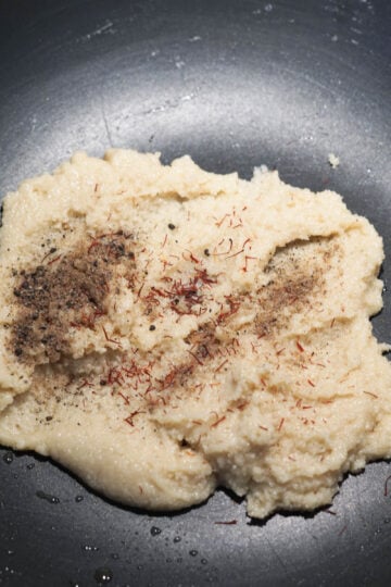 Cardamom and saffron added to almond flour mixture.