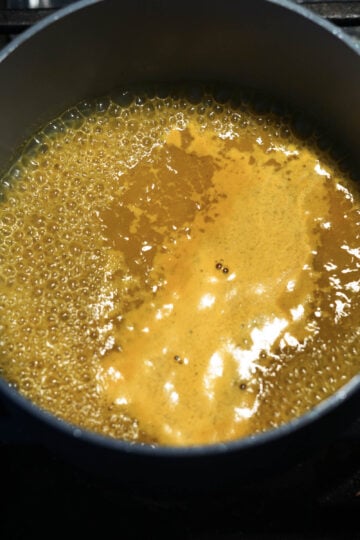 Spices in rolling boil water in a pot.