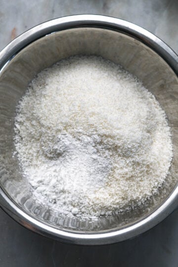 Dry ingredients in a steel bowl.