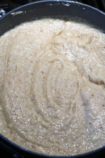 Hazelnut burfi mixture in pan.