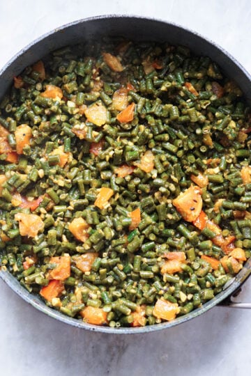 Chori nu shaak a Gujarati style yard long bean curry in a pot.
