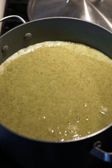 Almond broccoli soup Indian style in a pot.